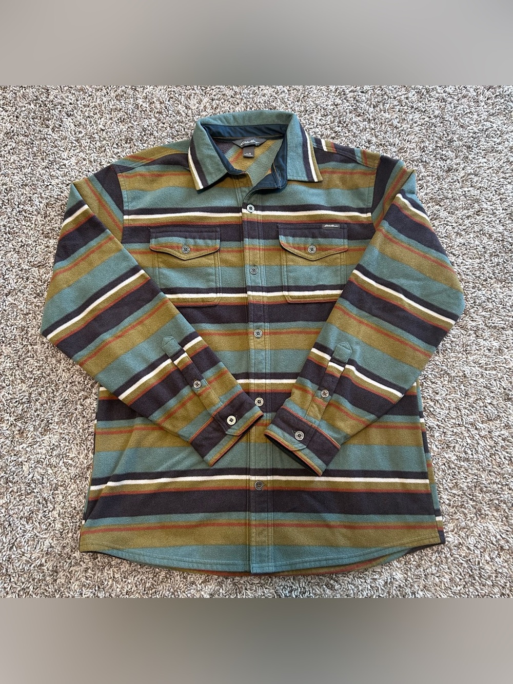 EDDIE BAUER STRIPED FLEECE BUTTON UP SHIRT Green Brown MEN'S MEDIUM M